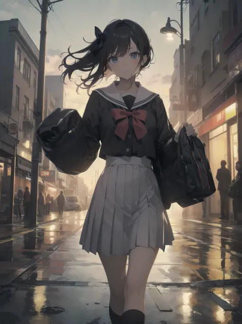 Sailor collar bow front mitt uniform, color block long sleeve button top & pleated checkered long skirt, big ribbon on head, black   is standing on a street corner after the rain with her umbrella closed, looking up at the sky. A single tear on her cheek, ...