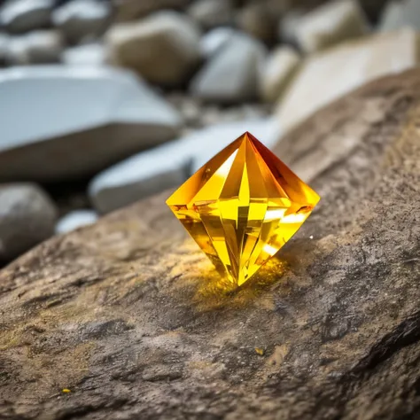 a close up of a yellow crystal on a rock in the woods, a macro photograph by Hans Werner Schmidt, flickr, crystal cubism, yellow crystal gem, glowing amber, glowing crystal on a rock, crystalline!!, beautiful crystals, translucent crystals, crystal formati...