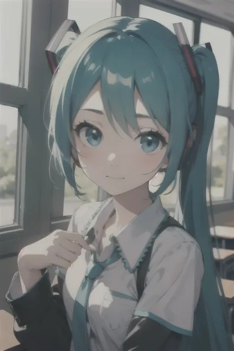 masterpiece, best quality,1 girl, portrait, upper body, school uniform, classroom, world plan, hatsune miku,