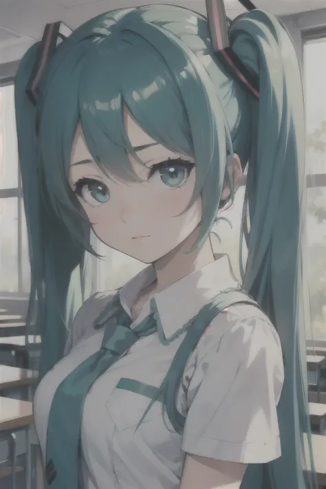 masterpiece, best quality,1 girl, portrait, upper body, school uniform, classroom, world plan, hatsune miku,