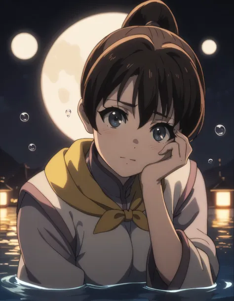 score_9,  score_8_up, score_7_up, gsfghtr, multicolored robe, neckerchief,
cinematic Lighting, 1girl,solo,moon,water,bubble,night,film lighting,looking at viewer,blush,closed mouth,hand on own face,hand on own cheek