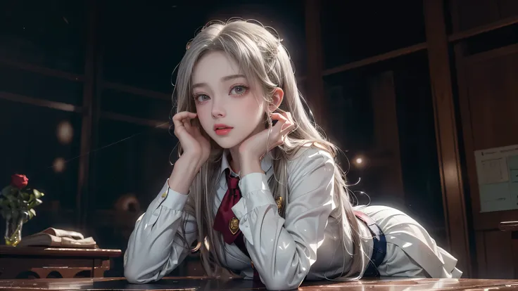 ((Girl lying on desk in classroom)),(One Girl),Top quality work、Actual Work、 ultra premium graphics 、8K HD CG Works、High Quality Graphics、High resolution CG work、10x pixels、extremely fine details:1. 1、Advanced technical details:1.1 Photorealistic、Natural L...