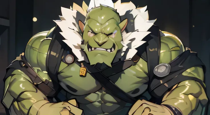 huge muscular orc, old man, naked, penis, bald, veiny muscles, flexing, muscular, yellow skin, shirtless