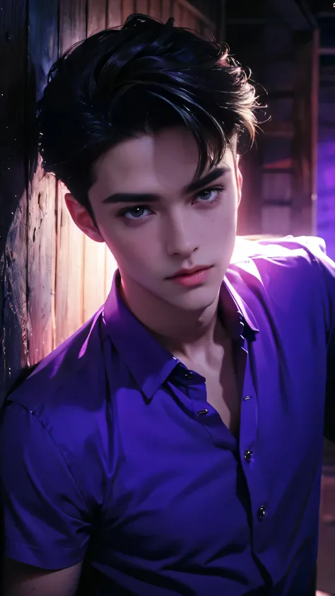 lovely, handsome 18 year old cute, tender and beautiful boy gay image for print most beautiful boy,  extremely beautiful, most handsome, highly details, wearing purple glowing shirt shar blue eye half shot, 