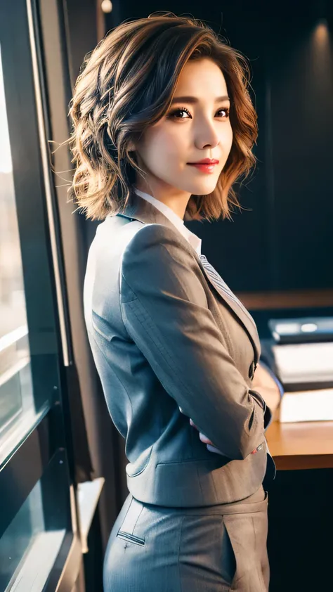 short wavy hair, beautiful woman, pro lighting, Sharp focus, photorealistic, (Realistic face details), complicated details, very high details, Realistic photos, 8k, super details, UHD, dynamic camera angle, dynamic pose, office suit and pants, bending, bac...