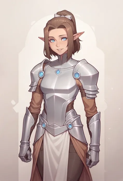 Asura style, 1girl, solo, bright blue eyes, brown hair, medium hair, ponytail, big elf ears, ultra light armor, bow, bow in hands, village background, walking, smile, cowboy shot