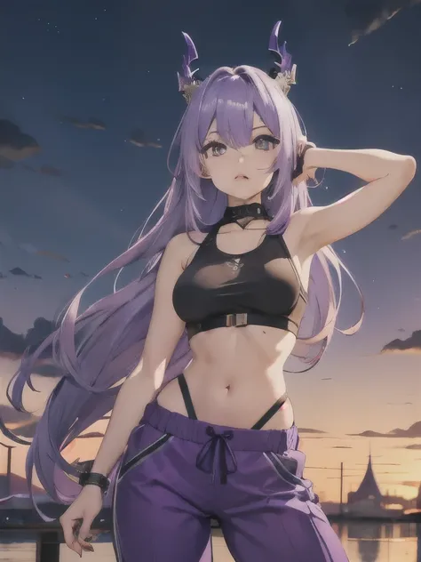 purple platinum hair half dragon female with tanktop and pants and isekai town background