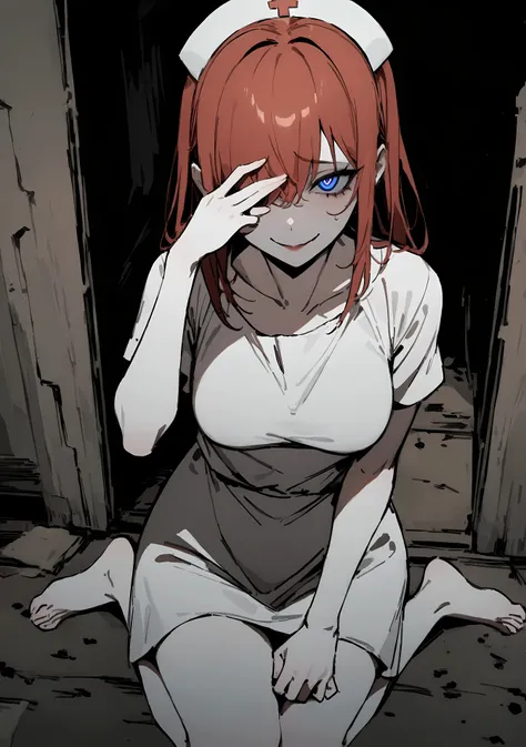 ( masterpiece:1.2, The best quality ), 1 woman, upper body part, nurse clothes , casual, medium breasts , red hair covering one eye, Minimalist makeup,pale,natural fabrics, Close-up of the face , evil smile, heteroctomy eyes bright circular pupils,8k h...