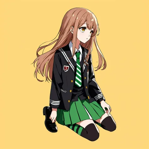 anime girl in school uniform sitting sexy on the ground with her legs crossed, beautiful anime high school girl, anime visual of a cute girl, anime girl with long hair, young anime girl, peitos grandes, sensual, bochechas rosadas, garota apaixonada, pernas...