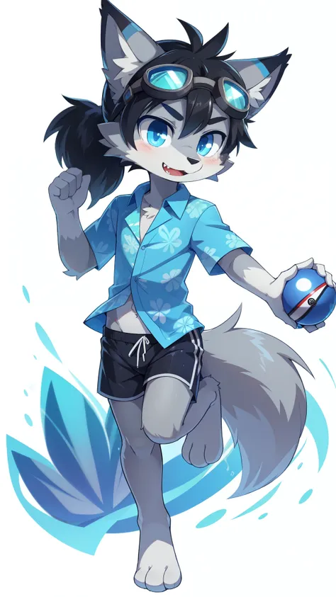 score_9,score_8_up,score_7_up, source_cartoon, source_furry, Furry shota, wolf, black hair, spike messy hairstyle, long messy ponytail, blue eyes, detailed body fur, ((goggles, blue aloha shirt, short sleeves, open clothes, black swim trunks)), looking at ...