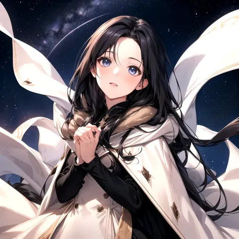 starry sky background　woman with long hair in black　profile looking up at the sky　 white dress　put on a beige coat