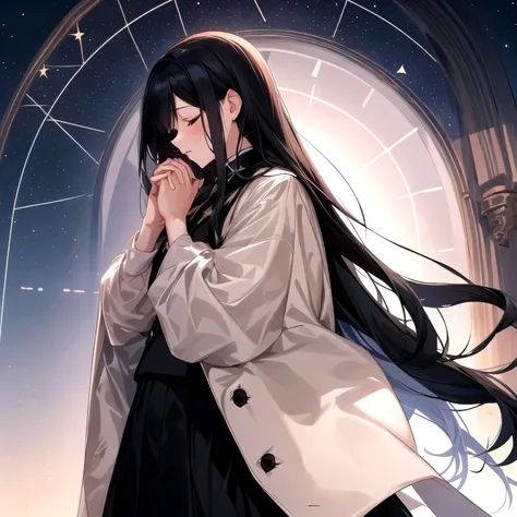 starry sky background　woman with long hair in black　profile of a man praying　white skirt　black top　put on a beige coat