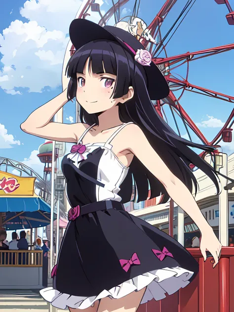 amusement park, ruri gokou, Long Hair, hime cut,  Black Hair , One Girl, mole, mole under eye,  ( sundress),  sleeveless, Ferris Wheel, blue sky, smile, one piece, hat, The wind blows