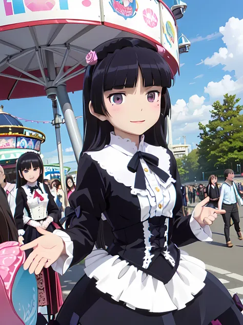 amusement park, ruri gokou, Long Hair, hime cut,  Black Hair , One Girl, mole, mole under eye,  Gothic Lolita, lolita fashion, White costume, Bright blue sky, Sunshine, colorful ferris wheel ,  merry-go-round ,  woman with balloons, smile