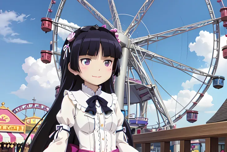 amusement park, ruri gokou, Long Hair, hime cut,  Black Hair , One Girl, mole, mole under eye,  Gothic Lolita, lolita fashion, White costume, Bright blue sky, Sunshine, colorful ferris wheel ,  merry-go-round ,  woman with balloons, smile