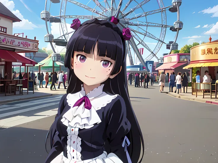 amusement park, ruri gokou, Long Hair, hime cut,  Black Hair , One Girl, mole, mole under eye,  Gothic Lolita, lolita fashion, White costume, Bright blue sky, Sunshine, colorful ferris wheel ,  merry-go-round , smile, Gothic 傘