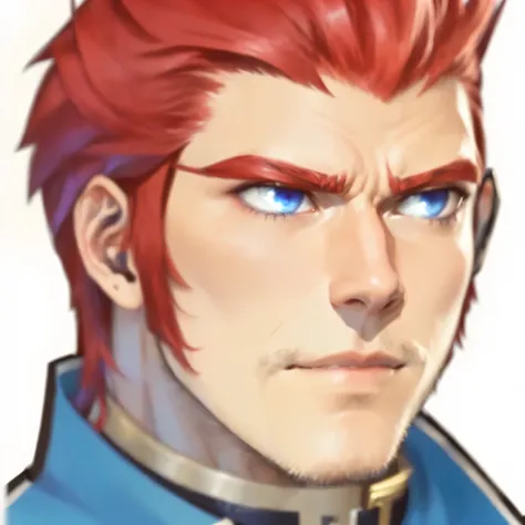 a close up of a person with red hair and blue eyes, roguish smirk, lance, nobutaka ike, masamune shiro, visual novel sprite, cunning expression, casimir art, nefarious smirk, solemn expression, kazuma kaneko, highley detailled face, serene expression, alfr...