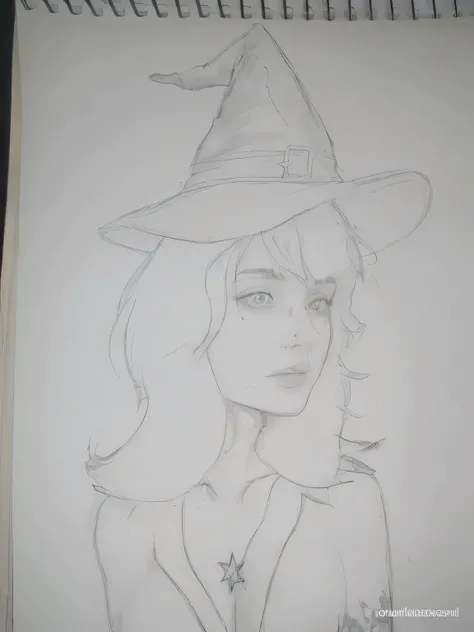 Beautiful woman with short hair, witch hat and a half moon tattoo with two stars between the breasts