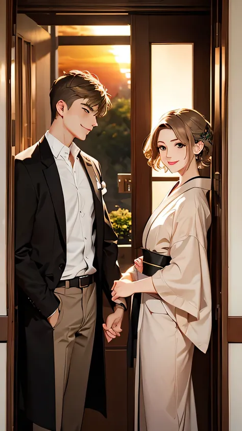 (longo Gray Brown kimono couple) brown hair Man and short blonde hair Woman side by side, smiling, on an entrance door, granite ground , ((sunset light) mansion entrance door.