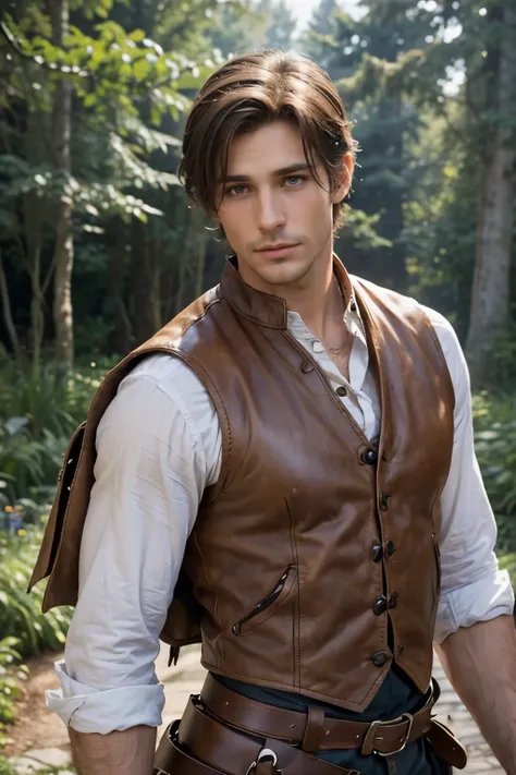 "Create a realistic portrait of a charming man resembling Flynn Rider from *Rapunzel*. He should have tousled brown hair, a bit of stubble, and a confident yet playful expression. His sharp features include expressive brown eyes, a well-defined jawline, an...