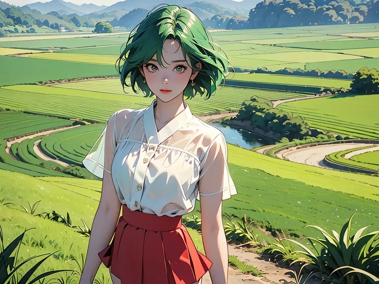 anime、High image quality、 high res、A woman is walking down a busy road、Green Hair、 see-through white blouse 、(((short red skirt)))、Gazing into the distance、Summer Afternoon、Japanese countryside in the background 、Rice field、Rural Scenery、