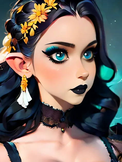 A strikingly close up portrait of a beautiful young european woman is adorned with large, hazel eyes, slate grey horns with gold ornements that sweep majestically from her head, contrasting with her flawless, porcelain skin with intricate face tattoos. Her...