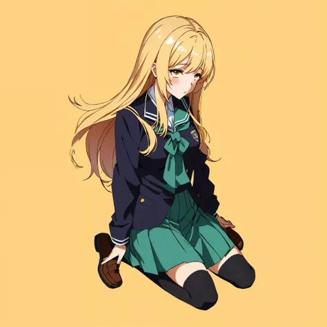 anime girl in school uniform sitting sexy on the ground with her legs crossed, (blonde hair) decote peitos grandes, beautiful anime high school girl, anime visual of a cute girl, anime girl with long hair, young anime girl, peitos grandes, sensual, bochech...