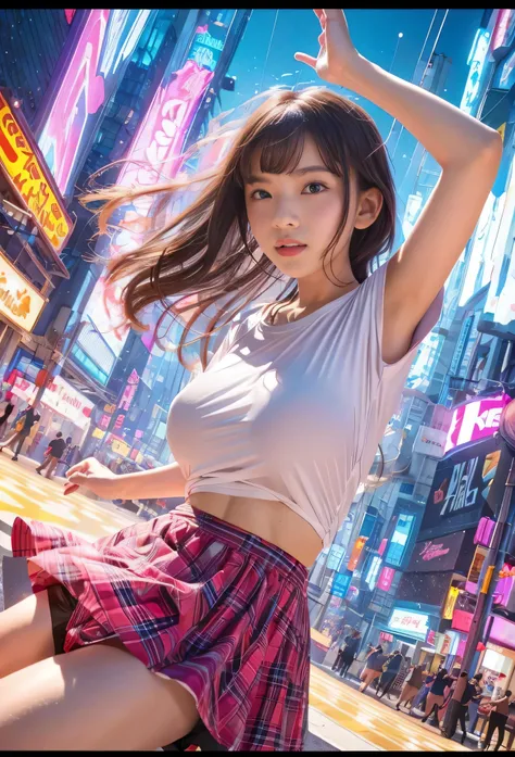 (masterpiece, Best Quality:1.2), 8k, Young and beautiful girl, (((High-quality photos:1.4))), Baby Face、((Big Breasts:1.4)), ( :1.3), Cute anime girl doing dynamic popping moves, Her body locks sharply、It popped, Accurate Movement. Dancer wearing an oversi...