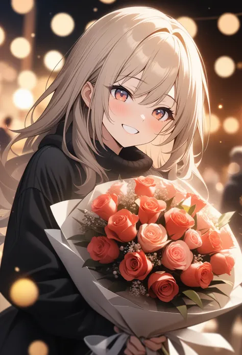 1Girl, gekiga style, bouquet, celebration, smile, bokeh photography, (soft focus):1.2, out-of-focus highlights, dreamy ambiance, glowing circles, mesmerizing depth, masterpiece, best quality, extremely detailed CG unity 8k wallpaper,