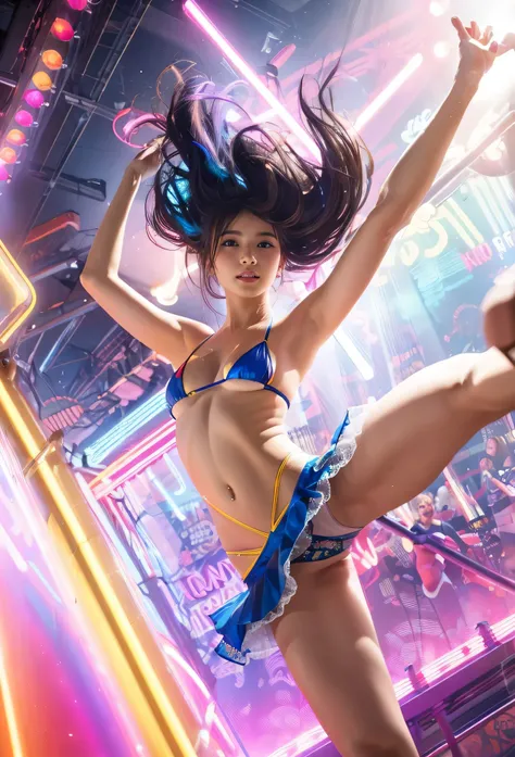 (masterpiece, Best Quality:1.2), 8k, Young and beautiful girl, (((High-quality photos:1.4))), Baby Face、((Big Breasts:1.4)), ( :1.3), Cute anime girl performing dynamic pole dancing moves, Her body locks sharply、It popped, Accurate Movement. Dancer in tiny...