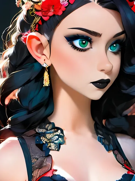 A strikingly close up portrait of a beautiful young european woman is adorned with large, hazel eyes, slate grey horns with gold ornements that sweep majestically from her head, contrasting with her flawless, porcelain skin with intricate face tattoos. Her...