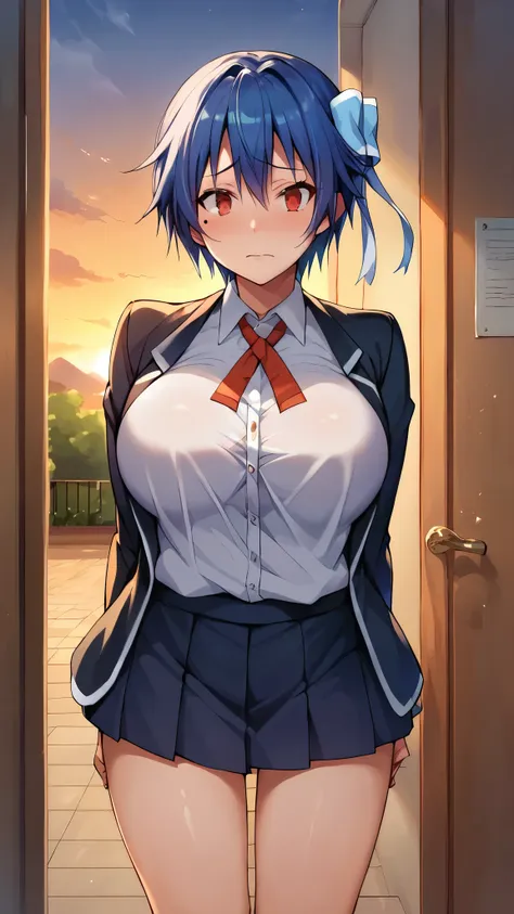 Score_9, Score_8_wonderful, Score_7_wonderful, Score_6_wonderful, sauce_anime, 1 person, solo BREAK tsugumi seishirou, Mole under the eye, Blue Hair,  short hair, Hair Ribbon, (Black blazer), Black mini skirt, large breasts, Emphasize the chest, underwear,...