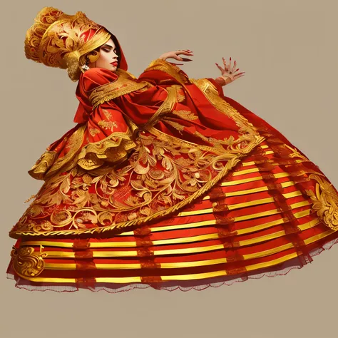  um desenho de uma mulher  muito bonita saia volumosa desenho realista em um vestido vermelho com uma tça vermelha na mão  intricate costume design, detailed fashion illustration, an intricate dress, intricate clothes, ornate, red and gold ornate, intricat...