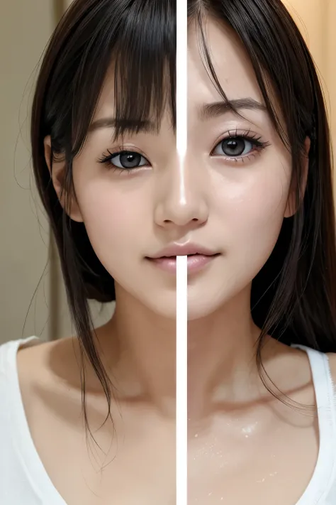 Haruka Ayase, beautiful Japanese woman,1 girl、Flying debris、、Award-winning photo、 very detailed、eye、nose、Focus on the mouth、Close-up with focus on face））、口を開けてeyeを閉じた女性、Age 35、 Black Hair 、しわeye：1.1、Symmetrical face、リアルなnose孔、From belowのアングル、細長いC字型のnose孔NS...