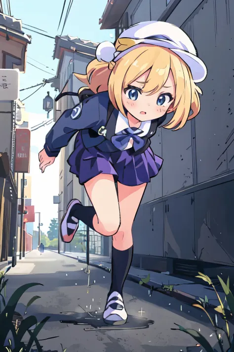 anime girl in a blue hat and school uniform riding a bicycle, the anime girl is running, in style of kyoto animation, anime visu...