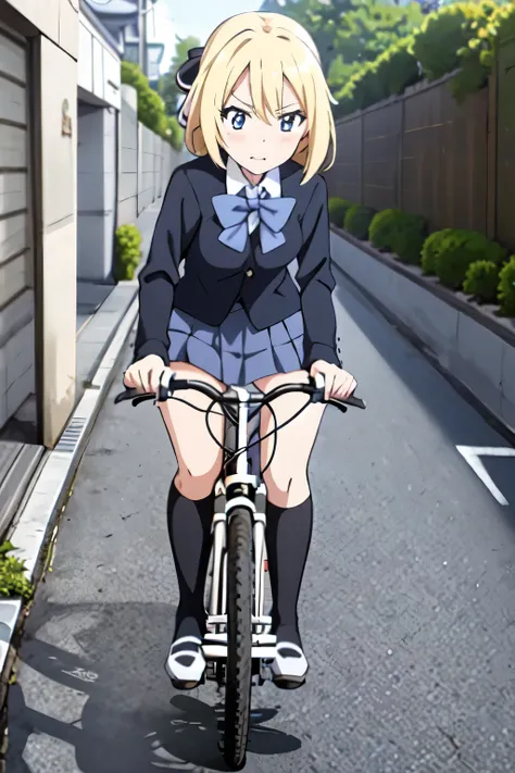 anime girl in a blue hat and school uniform riding a bicycle, the anime girl is running, in style of kyoto animation, anime visu...