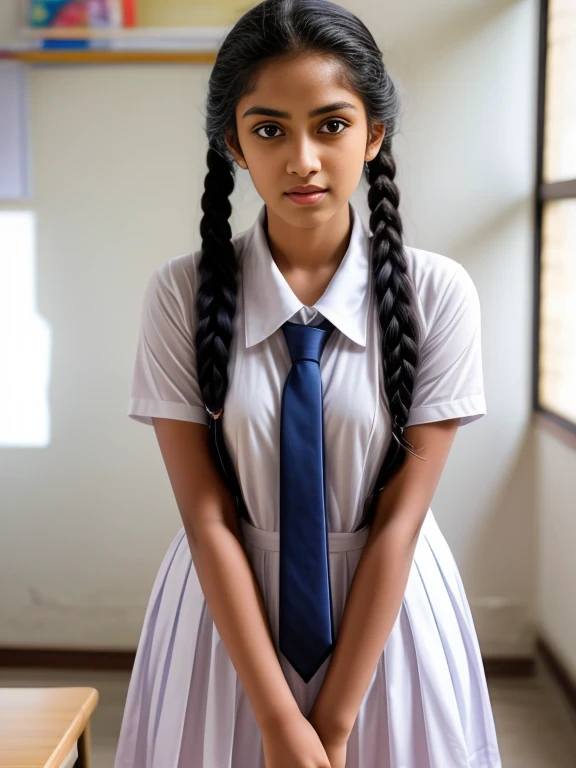 a beautiful cute little school girl in srilanka, detailed white frock, standing in a classroom, cinematic lighting, hyperrealist...