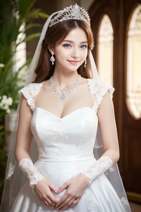 (Best Quality、Tabletop、8k、Highest quality、Award-winning works)、BEAUTIFUL RUSSIAN BRIDES 、Blonde、Blue Eyes、(Alone:1.1)、( the most glamorous and beautiful large pure white wedding dress:1.2)、(Perfect Wedding Lace:1.2)、( MOST GORGEOUS LUXURIOUS LUXURIOUS HUGE...