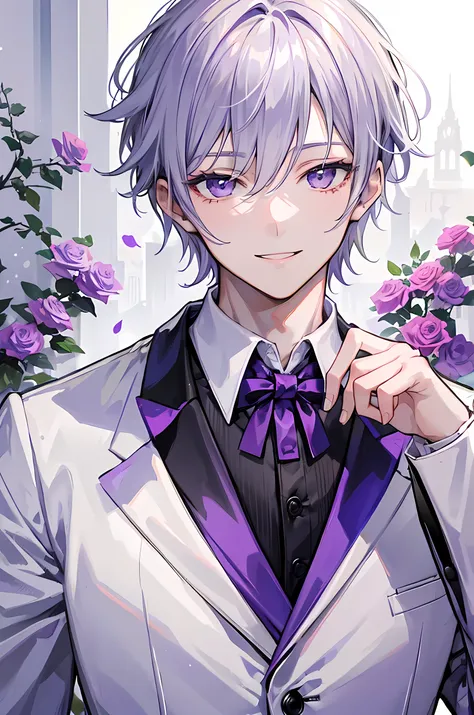 Young man, grey short hair, purple eyes, smile face, white wedding suit, handsome man, cool boy, white mansion background with rose garden, close up