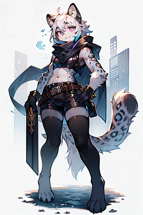 A female snow leopard furry character, wearing a black scarf. She has a leather belt and a dagger sheath around her waist. As an assassin, she holds a dagger in her hand and has purple eyes and white hair. Her hair is tied up. She is wearing full body tigh...