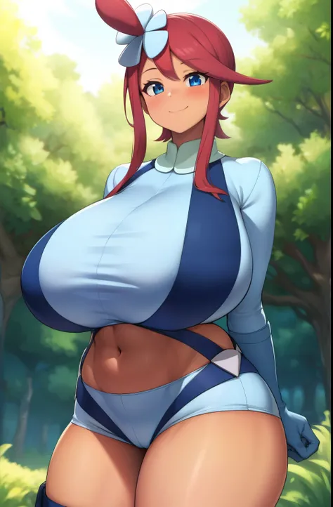 Perfect CG unity 8K UHD wallpaper, Perfect CG unity 8K UHD wallpaper, sexy latina, lskyla, pokemon, 1girl, solo, looking at viewer, smile, red hair, (tan:1.2), sidelocks, hair ornament, blush, blue eyes, huge breasts, navel, wide hips, thick thighs, ((giga...