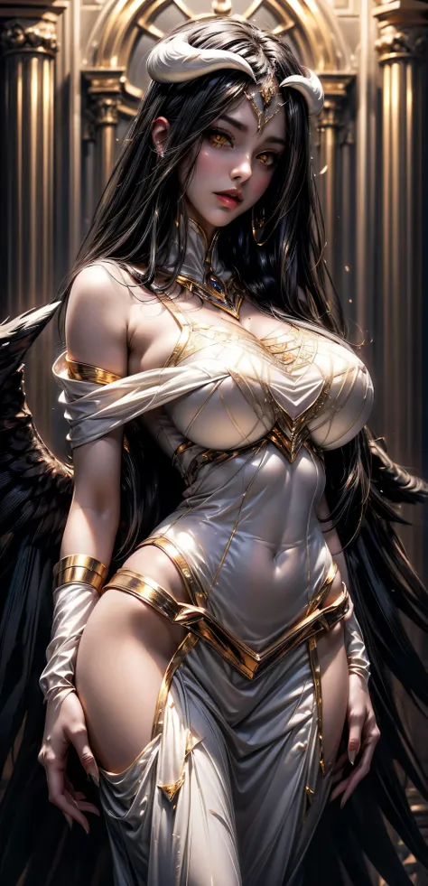 A (super realistic) beautiful sexy woman(albedo _overlord) with (glossy orange  eyes(perfect detailing) and white attire(detailed) with gold jewellery on perfect big breast, beautiful breast, black long beautiful hair, hyper detailed black  wings , (full b...