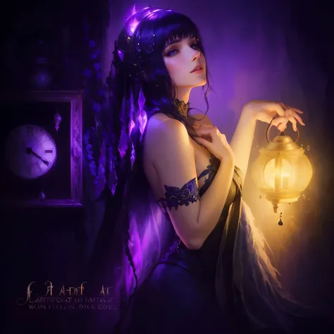 arafed woman holding a lantern in front of a clock, fantasy dark art, fantasy gorgeous lighting, inspired by Bastien L. Deharme, digital art fantasy, gothic fantasy art, fantasy digital art, beautiful sorceress, digital art fantasy art, in style of dark fa...