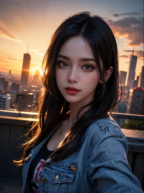 1 punk girl, fisheye, selfie, wind, messy hair, sunset, cityscape, (aesthetics and atmosphere:1.2), smiling, beautiful detailed eyes, beautiful detailed lips, extremely detailed face, long eyelashes, urban, neon lights, high contrast, moody, vivid colors, ...