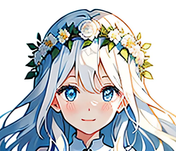 Girl, white long wavy hair, blue eyes, happy, smiling, flower crown 