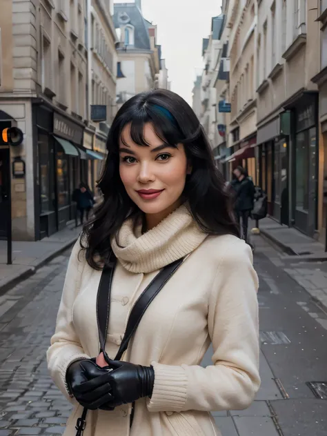 proFessional portrait photograph oF a gorgeous Smiling Bettie page  girl in winter clothing with long wavy Black hair, sultry Flirty look, gorgeous symmetrical Face, joli maquillage naturel, wearing elegant warm winter Fashion clothing, black leather glove...