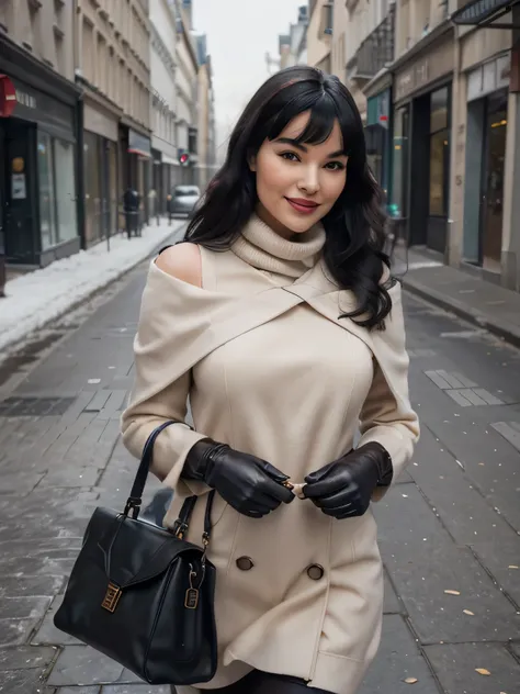 proFessional portrait photograph oF a gorgeous Smiling Bettie page  girl in winter clothing with long wavy Black hair, sultry Flirty look, gorgeous symmetrical Face, joli maquillage naturel, wearing elegant warm winter Fashion clothing, black leather glove...