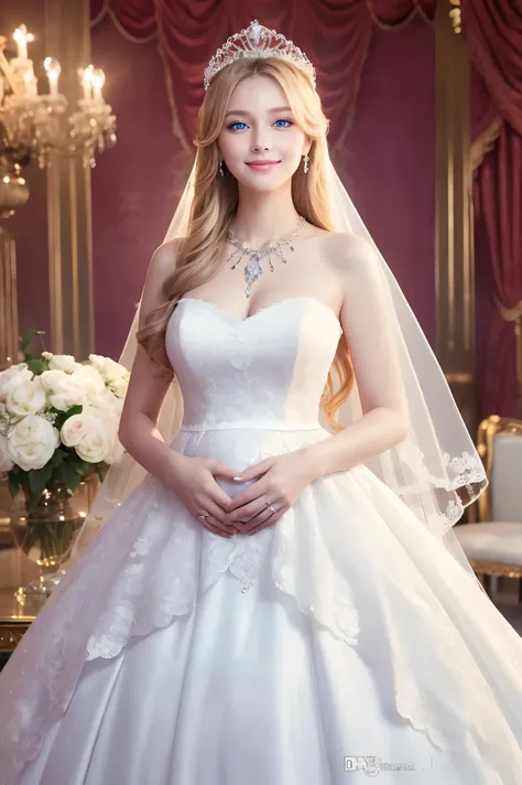 (Best Quality、Tabletop、8k、Highest quality、Award-winning works)、BEAUTIFUL RUSSIAN BRIDES 、Blonde、Blue Eyes、(Alone:1.1)、( the most glamorous and beautiful large pure white wedding dress:1.2)、( Perfect Wedding Race :1.2)、( MOST GORGEOUS LUXURIOUS LUXURIOUS HU...