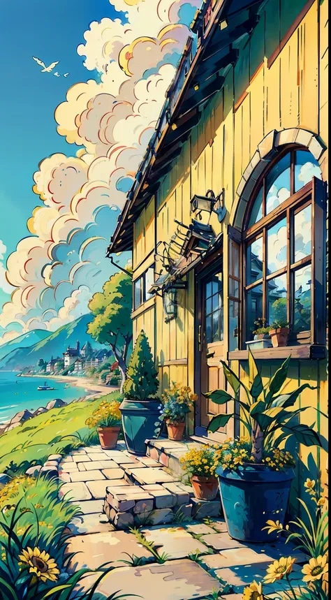 Swiss town, Seaside, scenery, casa, En plein air, sky, janelas, a plant, sky, Grass, Clouds, Plants in pots, green trees, doors, flower pots, Blue sky, architecture, chimneys, Yellow flowers, rosette, Miyazaki style