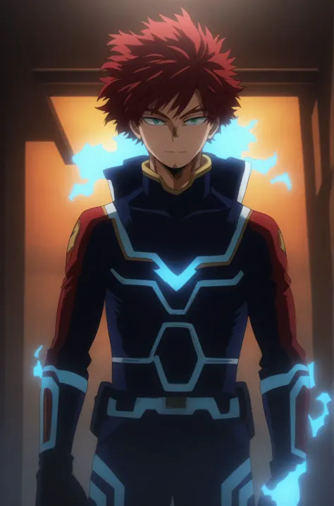  He is a 21 year old adult , has red hair, slightly disheveled, turquoise eyes something ,  He is dressed in the Endeavor’s hero costume from "my hero academia" but with blueflames, happy face, 8K, High quality,  masterpiece, normal lighting, anime effect ...